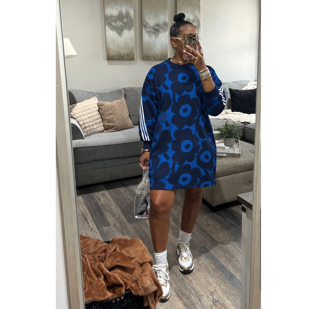 Adidas Marimekko Sweatshirt Dress Womens M Blue Black Poppy Floral Print Fleece
